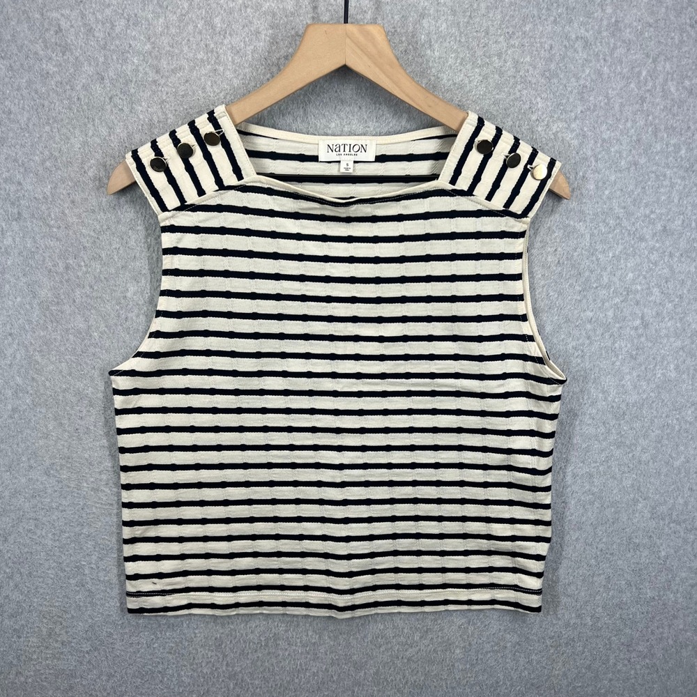 Nation LTD Pima Cotton Striped Tank Top Women S Ivory Black Button Shoulder EUC